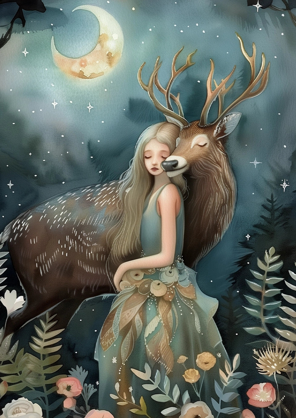 Postcard Girl Embracing a Deer | Fripperies, A6