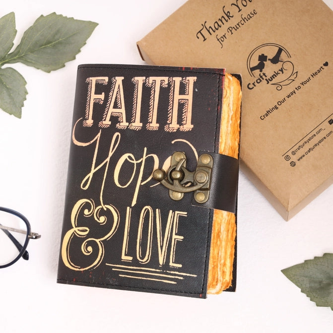 Vintage Leather Journal Notebook Nahkainen Päiväkirja Faith Hope & Love | Craft Junky Store