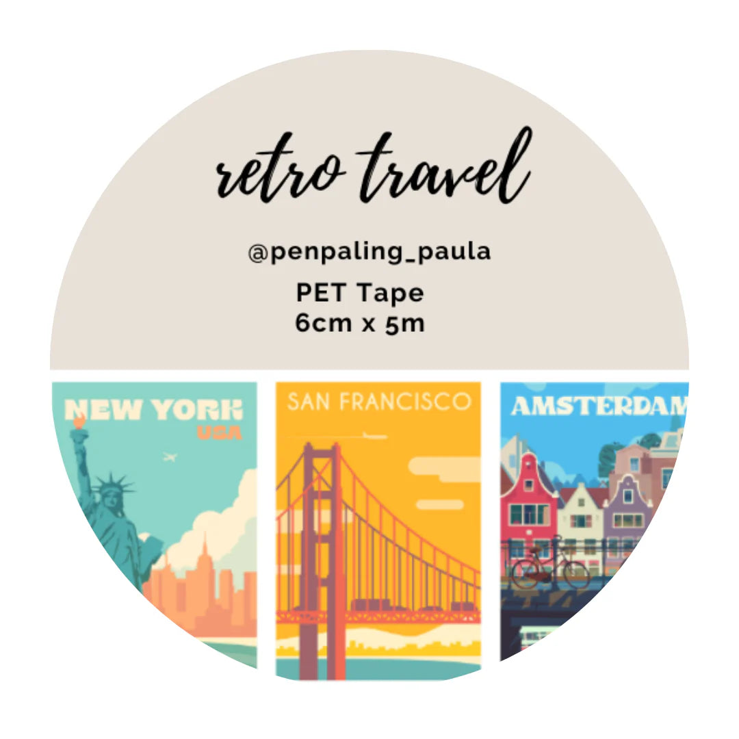 Kuvassa PET-teippi rullan kansikuva, askarteluteipissä on kuvia eri kaupungeista ympäri maailman. Tarrat leikataan rullasta ja kiinnitetään haluttuun materiaaliin taustan irrottamisen jälkeen.