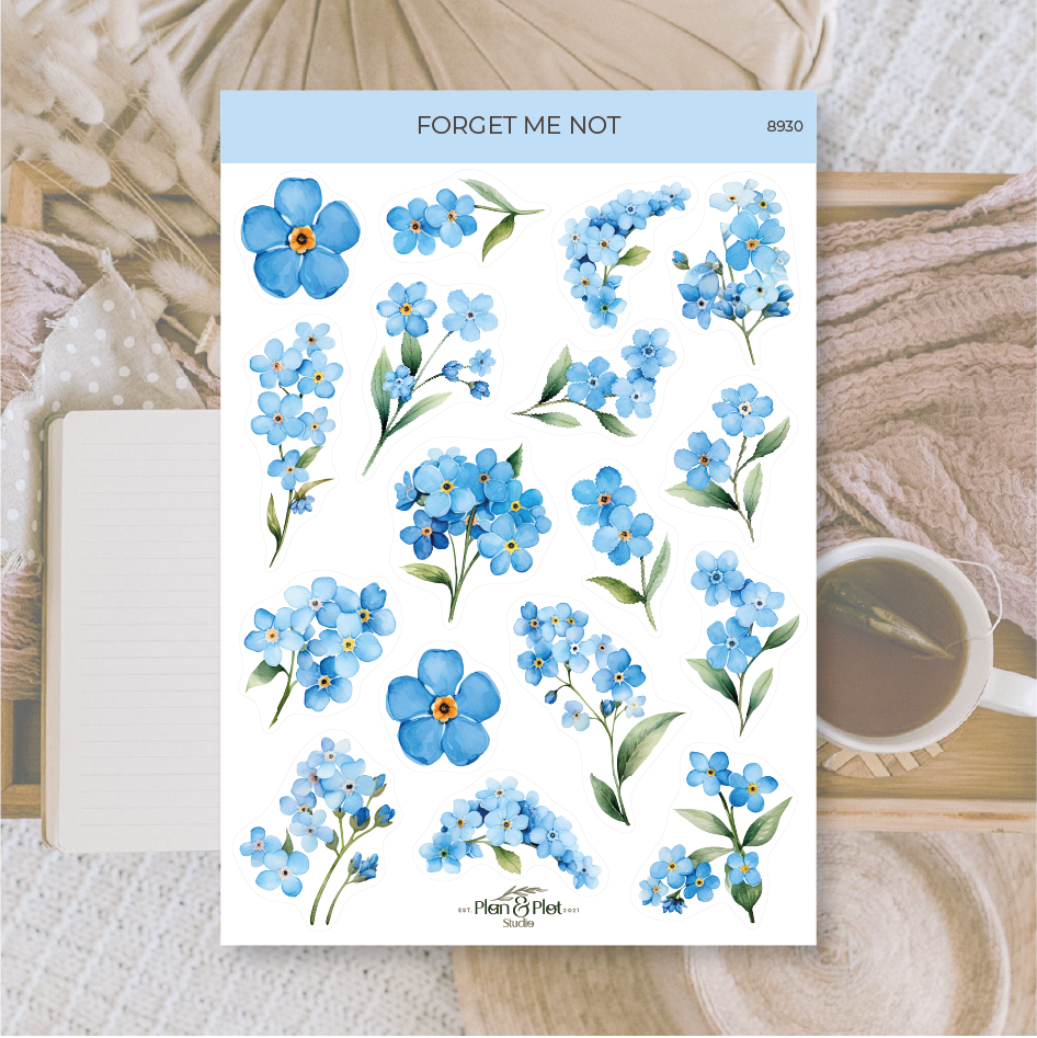 sinisiä kukkatarroja, Forget me Not tarra-arkki Fano Shopista