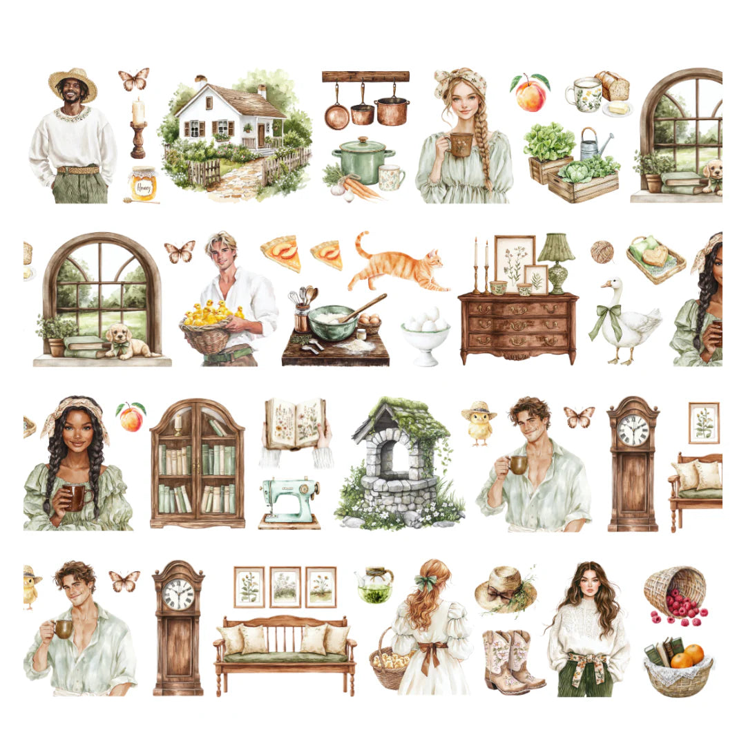 PET-teippi on tarrateippirulla, jossa on erilaisia kuvia. Nämä kuvat ovat kesäisiä kuvia ihmisistä ja kotoisista huonekaluista ja asioista. Tarrat on pre cut-eli muotoon leikattu. Helppoa irrottaa PET-teippi rullasta ja liimata haluttuun kohteeseen. Askarteluiloa!