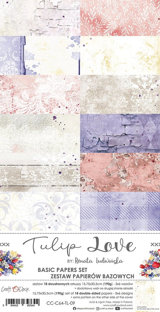Tulip Love paperikko on täydellinen korttien ja leikesivujen taustapapereiksi! Kokeile koristella korttisi tausta näillä suloisilla papereille ja toteuta upeat taideteokset. Valmistaja Craft O'Clock, paperikko koko 15x30cm.