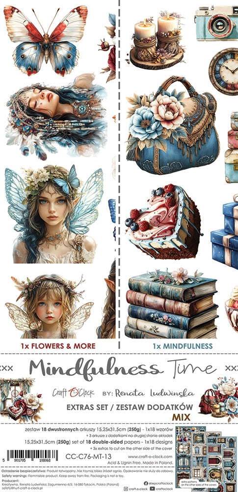 Craft O'Clock Mindfulness Time paperikko 15 x 30cm koossa on täynnä kauniita kuvia, jotka voit leikata ja liimata päiväkirjaan, korttiin tai muuhun askarteluun.