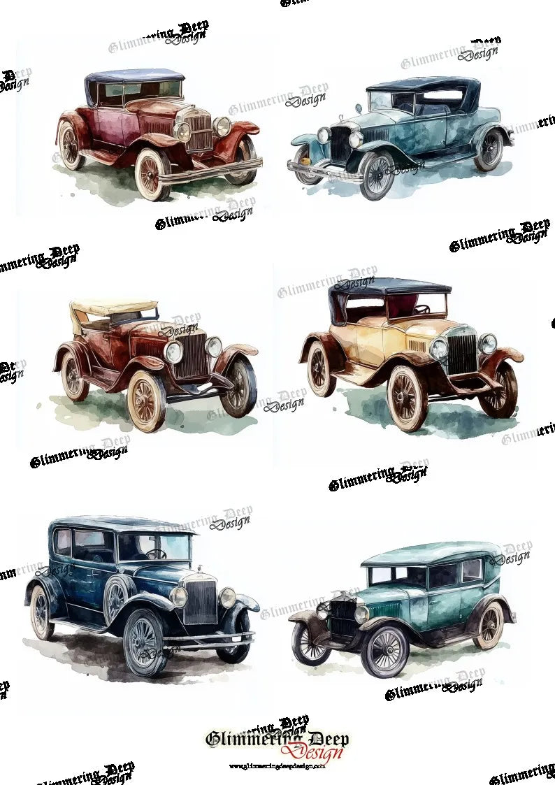 Kuva-arkki Vanhat autot, yksi A4 kokoinen paksu paperiarkki, jossa on kuvia vanhan ajan autoista. Askartele kortti tai leikekirjan sivu upeista kuvista vanhoista autoista. Valmistaja Glimmering Deep.