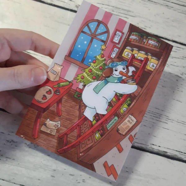 Christmas card Vilho the Snowman baking | T. Hietala Art
