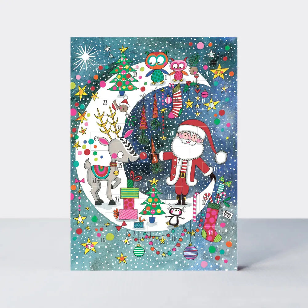 Joulukalenterikortti Santa & Rudolph On Moon | Rachel Ellen Design