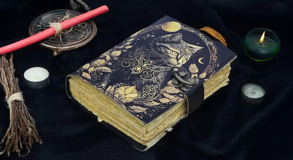 Vintage Leather Journal Notebook Nahkainen Päiväkirja Kissa ja kuu | MNM HANDICRAFTS