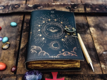 Vintage Leather Journal Notebook Nahkainen Päiväkirja Celestial Evil Eyes | MNM HANDICRAFTS