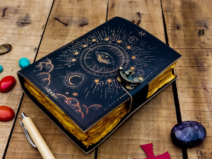 Vintage Leather Journal Notebook Nahkainen Päiväkirja Celestial Evil Eyes | MNM HANDICRAFTS