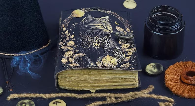 ENNAKKOMYYNNISSÄ! Vintage Leather Journal Notebook Nahkainen Päiväkirja Kissa ja kuu | MNM HANDICRAFTS