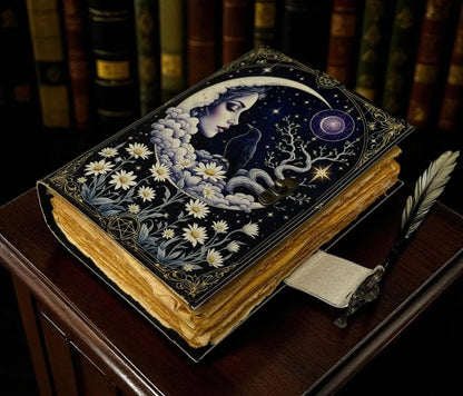 Vintage Leather Journal Notebook Nahkainen Päiväkirja Moon Girl | MNM HANDICRAFTS