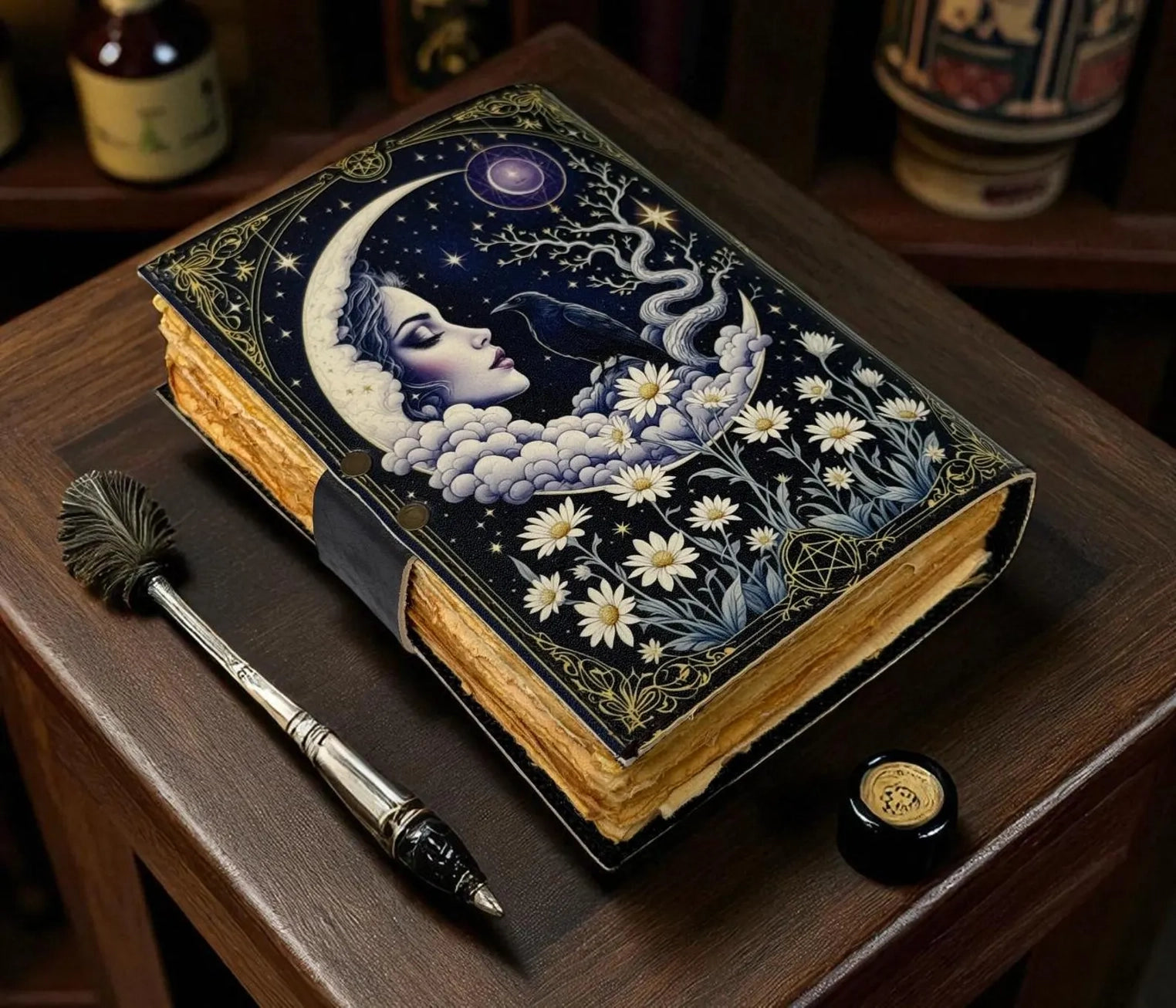 ENNAKKOMYYNNISSÄ! Vintage Leather Journal Notebook Nahkainen Päiväkirja Moon Girl | MNM HANDICRAFTS