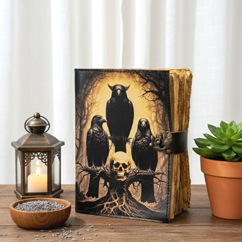 ENNAKKOMYYNNISSÄ! Vintage Leather Journal Notebook Nahkainen Päiväkirja Pääkallo ja korpit | Leatherooze